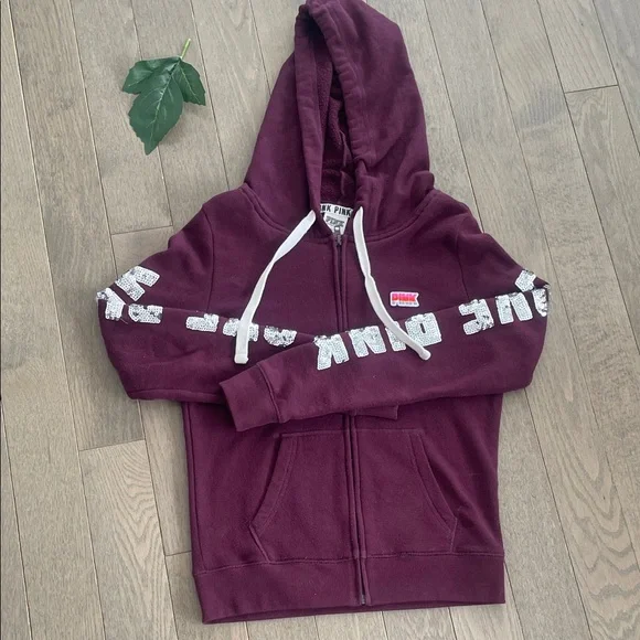 Pink Maroon Hoodie & Sweatpants Set - 'Love Pink’ With Sequence & Logo, Small/Xs - Picture 6 of 14